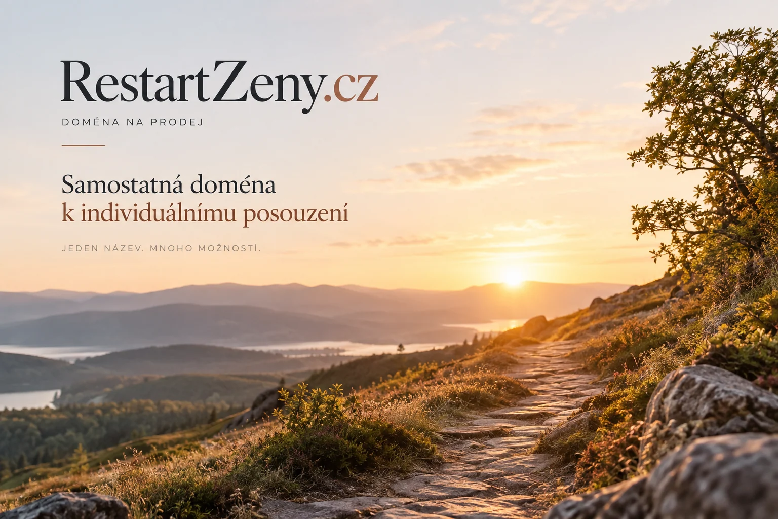 Ilustrační návrh RestartZeny.cz se stezkou při východu slunce jako metaforou nové životní etapy